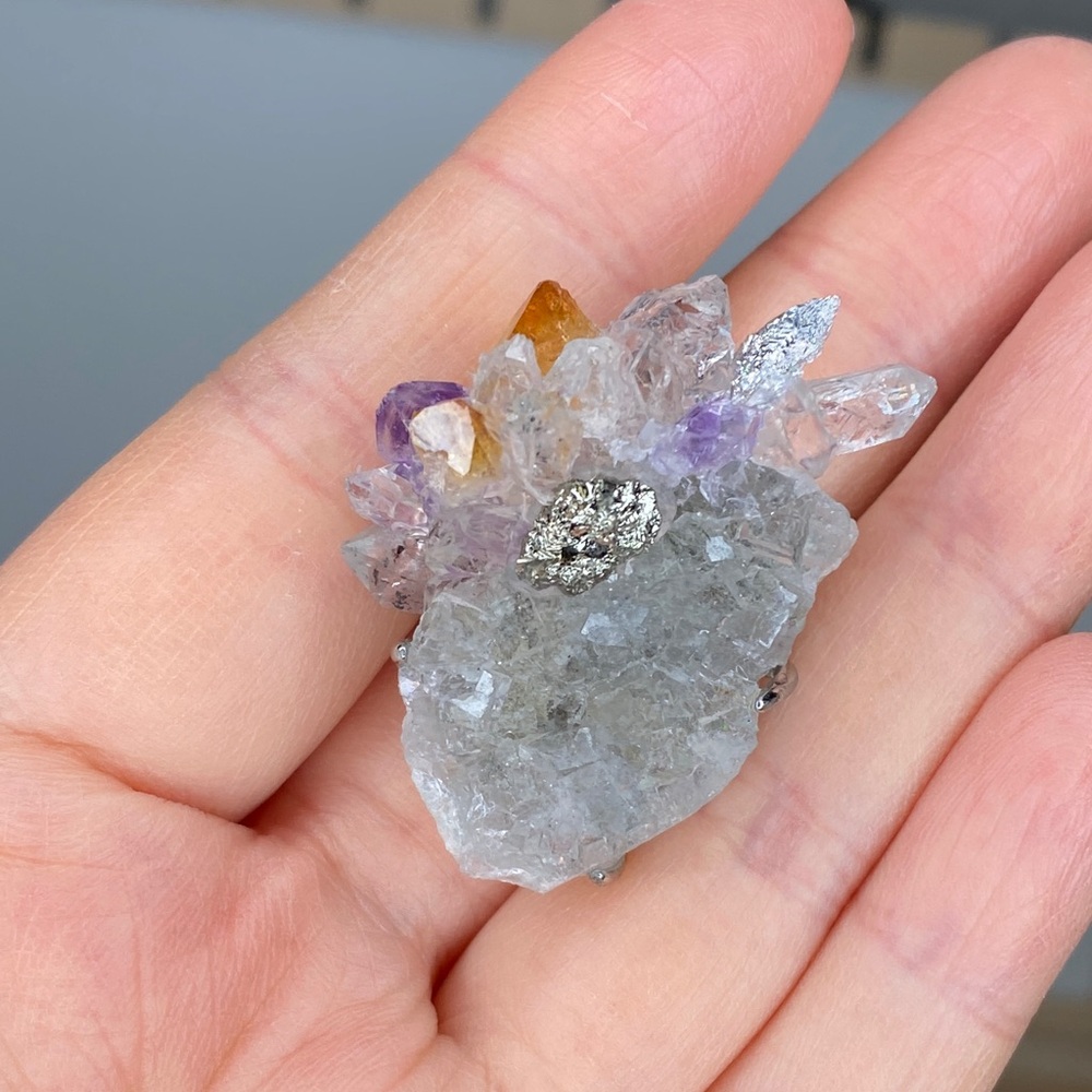 Natural Amethyst & Citrine Crystal Cluster Ring • Raw Pyrite Accent • Herkimer - Picture 4 of 11